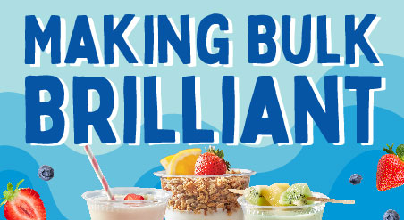  Making bulk brilliant in bold blue text over a background of light blue shades. Images of plastic cups with smoothies, parfaits, and colorful fruit. Strawberries, blueberries, kiwis, and oranges on the bottom. Striped straw and wooden skewer