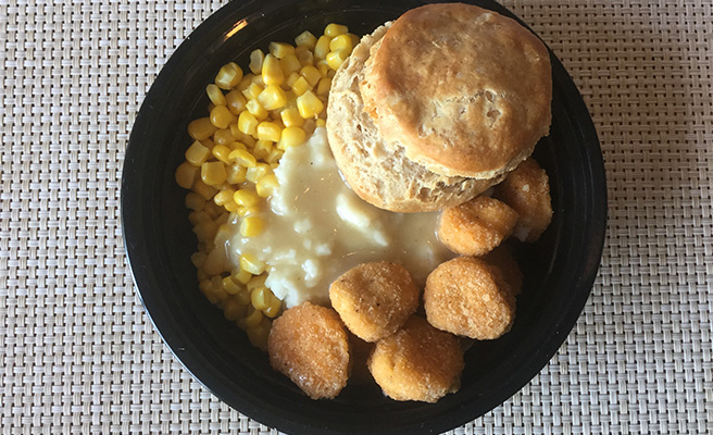 Popcorn Chicken, Mashed Potatoes and Gravy and Corn
