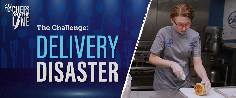 The Challenge: Delivery Disaster. Chefs of the Mills logo. Chefs on the Line logo. Chef Jessie in the kitchen slicing a biscuit on a cutting board. Background with various kitchen utensils.