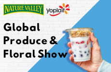White brick and blue background with Nature Valley and Yoplait logos on top left side. Hand holding a portable parfait with fruit and granola toppings on bottom right side. Black text overlay reading “Global Produce & Floral Show”