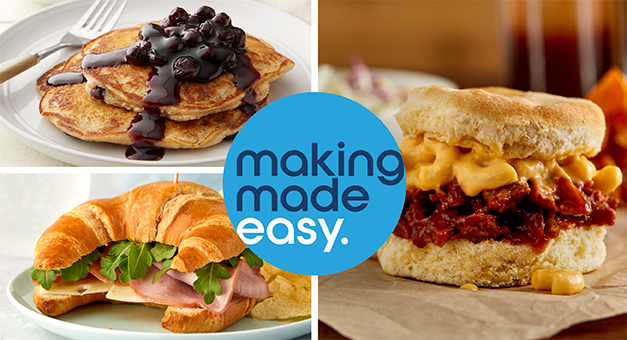 Making made easy: blueberry pancakes, croissant sandwich, biscuit sandwich.