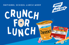 National School Lunch Week. Crunch for Lunch. Nourish Kids for What’s Next logo. Honey Cheerios cereal cup, Trix cereal package, illustrated pencil and cereal pieces on blue background.
