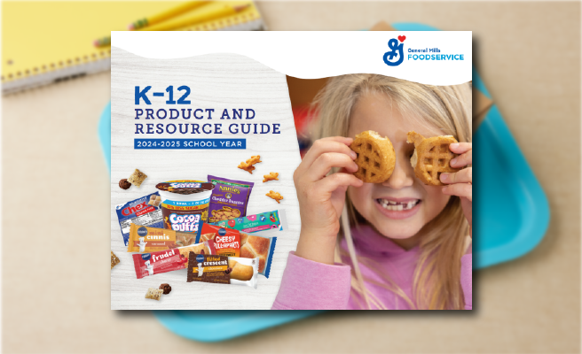 K12 Product Guide Cover over a blurred school lunch table background.