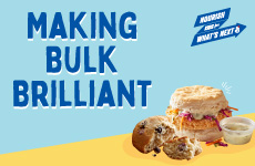Solutions that boost participation. Nourish kids for what’s next logo. Making bulk brilliant. Chicken Biscuit Sandwiches, Slaw & Sauce, Blueberry Muffin Top. Yellow, light blue background.