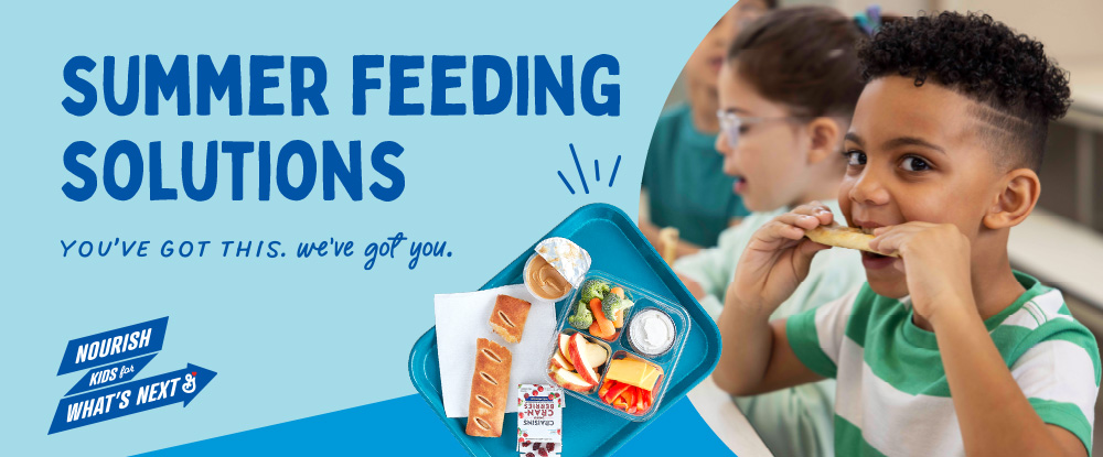 Summer Feeding Solutions; You’ve got this; We’ve got you written in dark blue font on a light blue background with a lunch tray of assorted fruits, vegetables. Boy joyfully bites into breakfast bar while smiling at the camera.