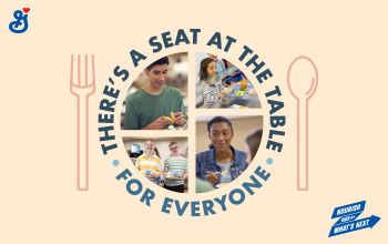 There’s a seat at the table for everyone written around four pictures of children eating organized in the shape of a plate with a fork and spoon on either side of the plate with a beige background.