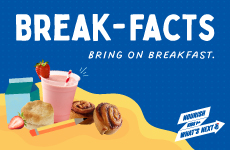 Break-Facts. Bring On Breakfast. Nourish Kids for What’s Next. Cinnamon roll, biscuit, and strawberry smoothie with striped straw. Pencil and milk carton illustrations on blue and yellow background.