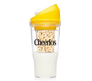 Cheerios branded portable Crunch Cup with lid filled halfway with milk.