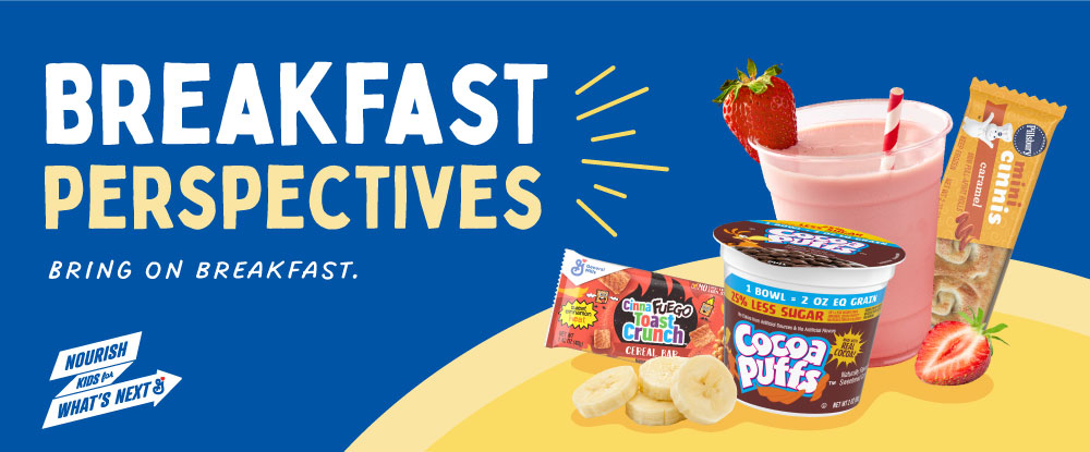Breakfast Perspectives. Bring on breakfast. Strawberry yogurt smoothie in plastic cup, Pillsbury Frozen Mini Cinnis Caramel package, CinnaFuego Toast Crunch 1G Cereal Bar package, and Reduced Sugar Cocoa Puffs 2OEG package sitting together.