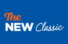 Text stating the new classic in white and orange on blue background.