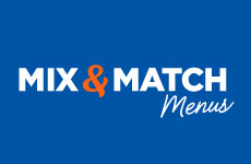 Text stating mix and match menus in white with an orange ampersand on blue background