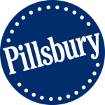 Blue circle with the logo, Pillsbury slanted.