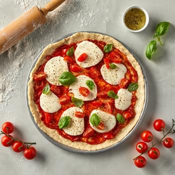 Pizza dough made using Gold Medal™ Remarkable™ Flour with Enzymes, with tomato sauce and toppings