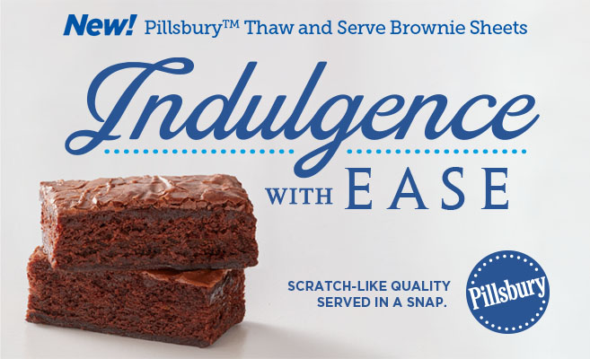 Two square brownies stacked on top of one another with the text, Indulgence with ease. Scratch-like quality served in a snap.