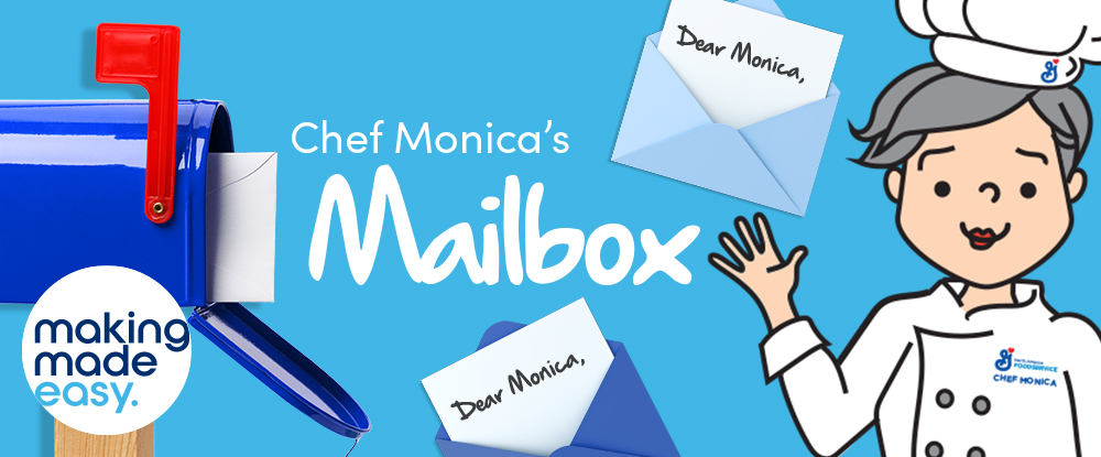 Cartoon image of Caucasian grey-haired female chef in chef’s coat and hat receiving letters from a blue mailbox for an advice submission called Chef Monica’s Mailbox from the General Mills series Making Made Easy.