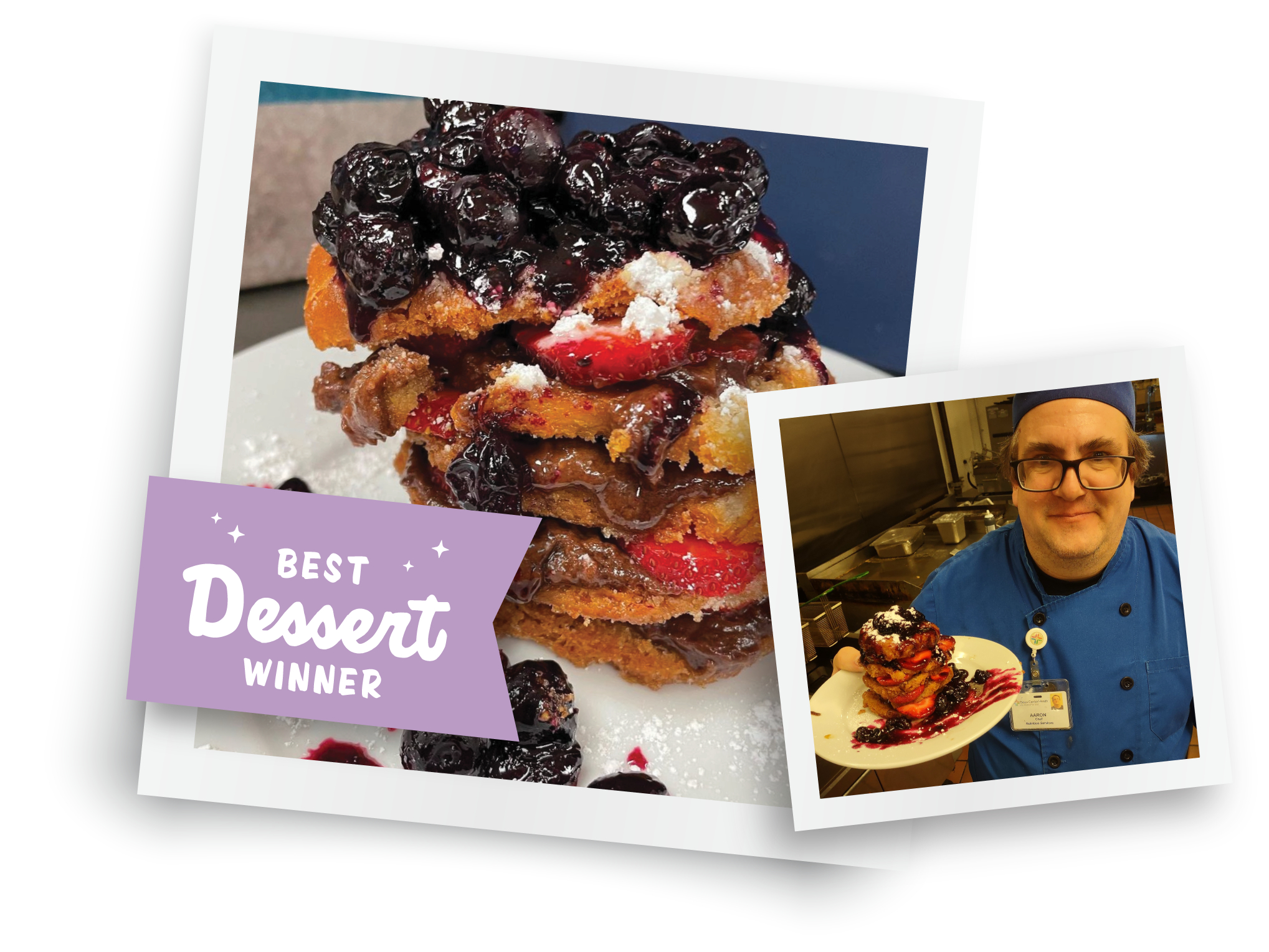 2 polaroid images. Left: Stacked chocolate berry biscuit bomb sprinkled with powdered sugar. Best Dessert Winner banner. Right: Chef Aaron Gray holding biscuit chocolate berry biscuit bomb.