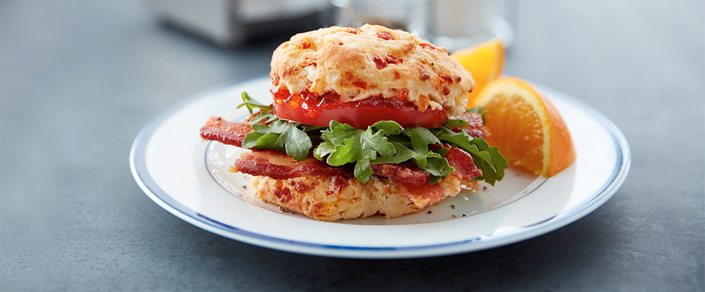 BLT on Pimento Cheese Buttermilk Biscuit with Red Pepper Jelly