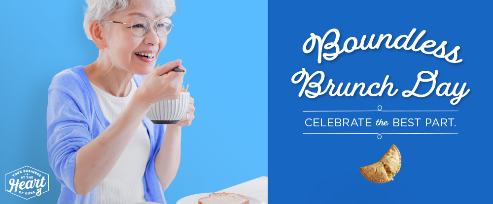 Boundless Brunch Day. Celebrate the Best Part. Your Business is at the Heart of Ours logo. Pastry on dark blue background. Smiling senior woman at table holding a cup and spoon on a blue background. 