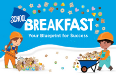 Two cartoon kids dressed as construction workers shoveling cereal into a wheelbarrow on a blue and white background