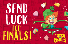 Cartoon Lucky Charms Leprechaun jumping on a red background sending students luck on their finals